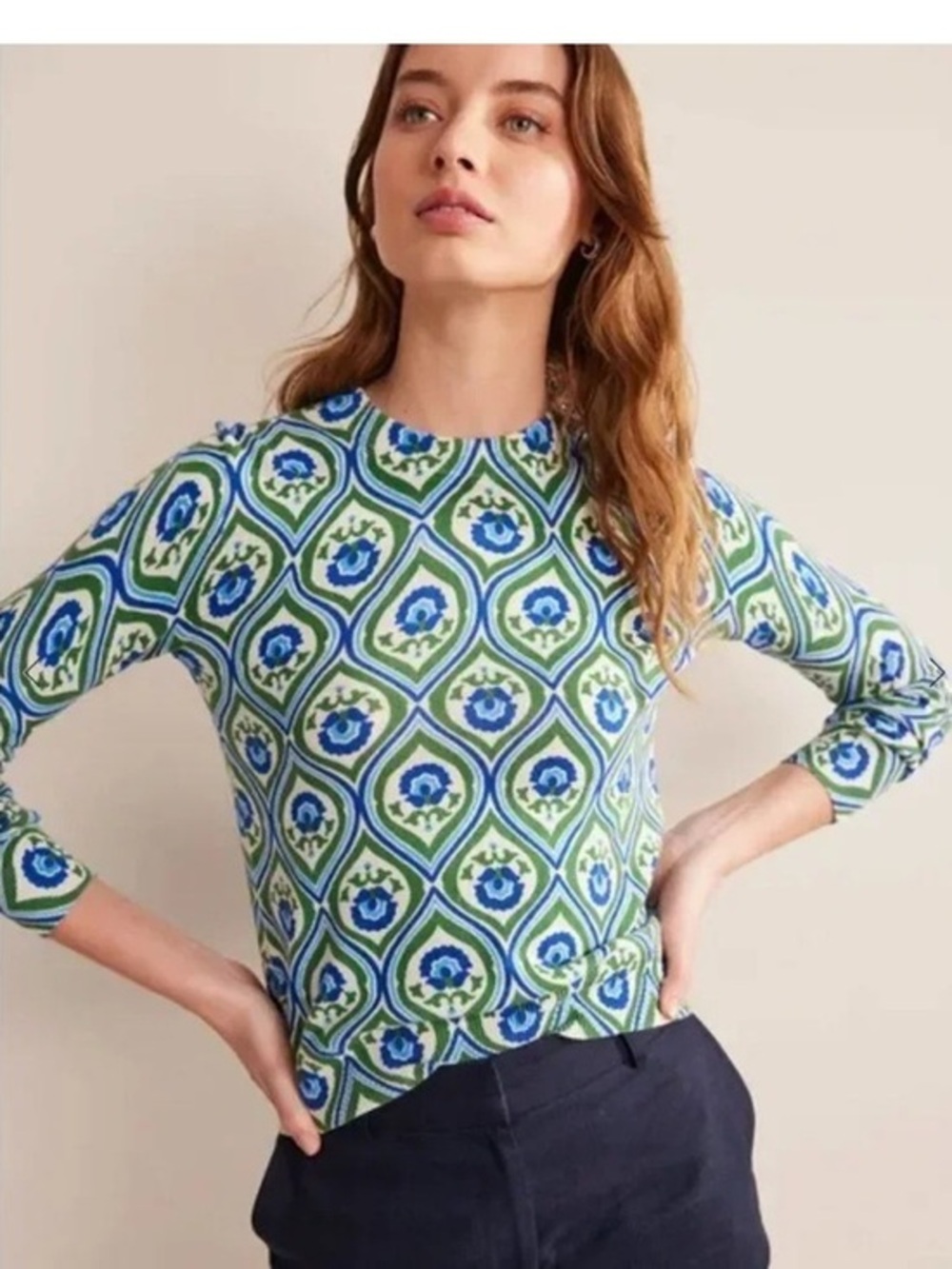 Boden Printed High Crewneck Sweater Blue Green Size Small Cotton